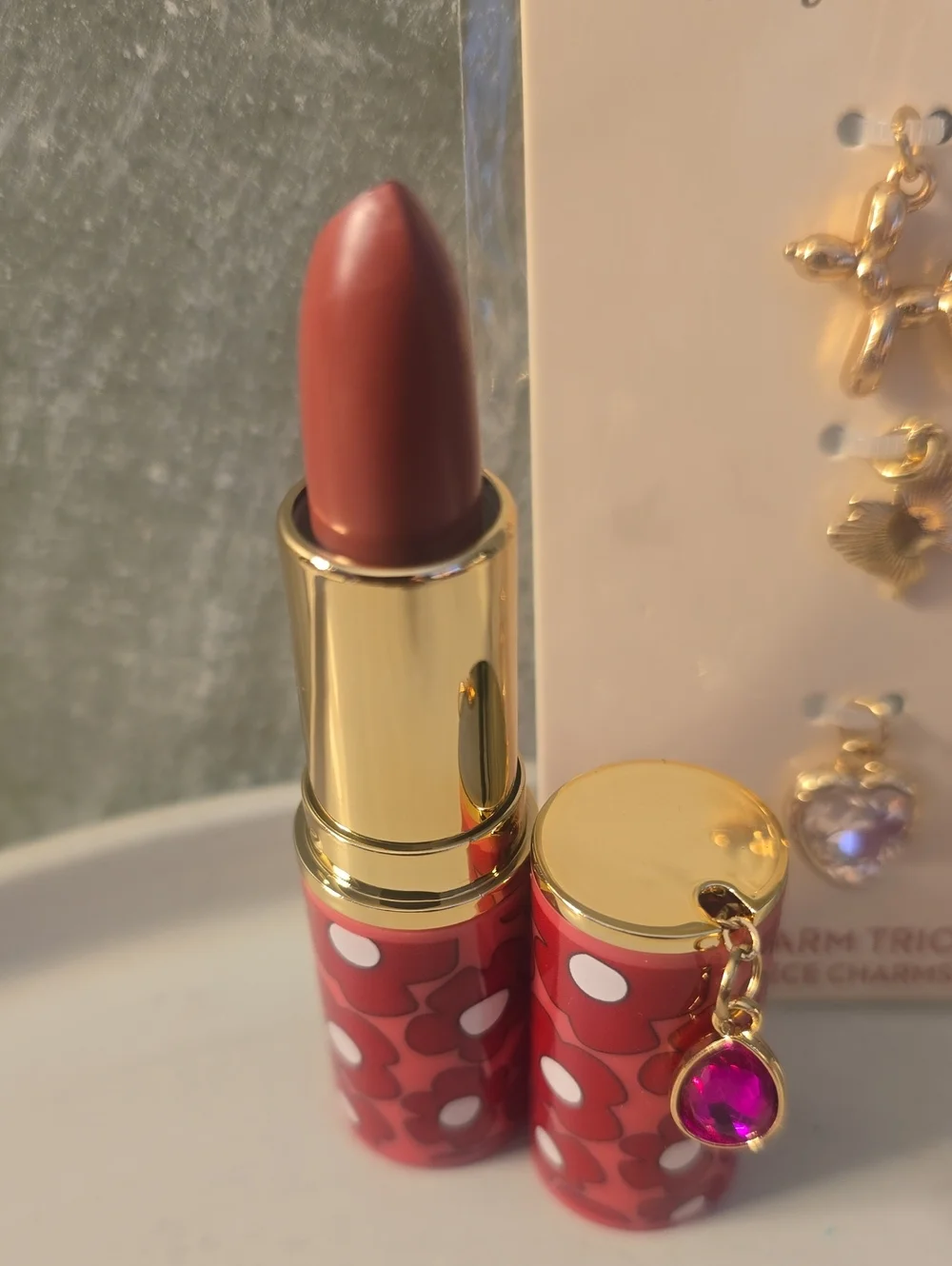 Gold Charm Trio & Blush Bloom Lipstick Charm New